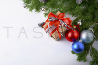 Christmas Background with Gift Box and Multicolored Ornaments