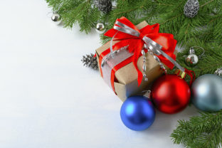 Christmas Background with Gift Box, Blue and Red Ornaments