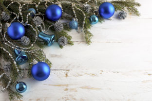 Christmas Background with Silver Pine Cone and Blue Ornaments